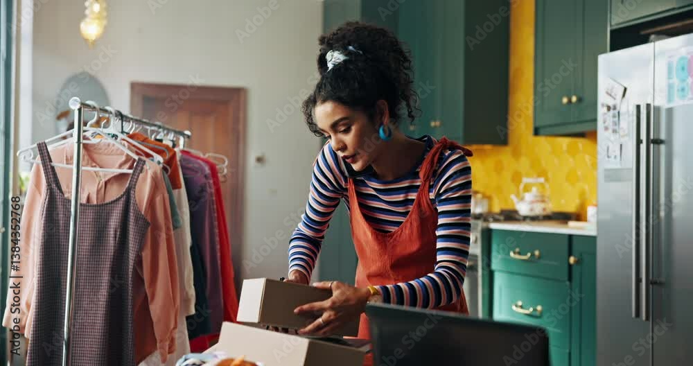 Phone call, talking or woman with boxes for small business, website orders or address logistics. Clothes package, writing or fashion designer with stock for sale, boutique startup or trade schedule