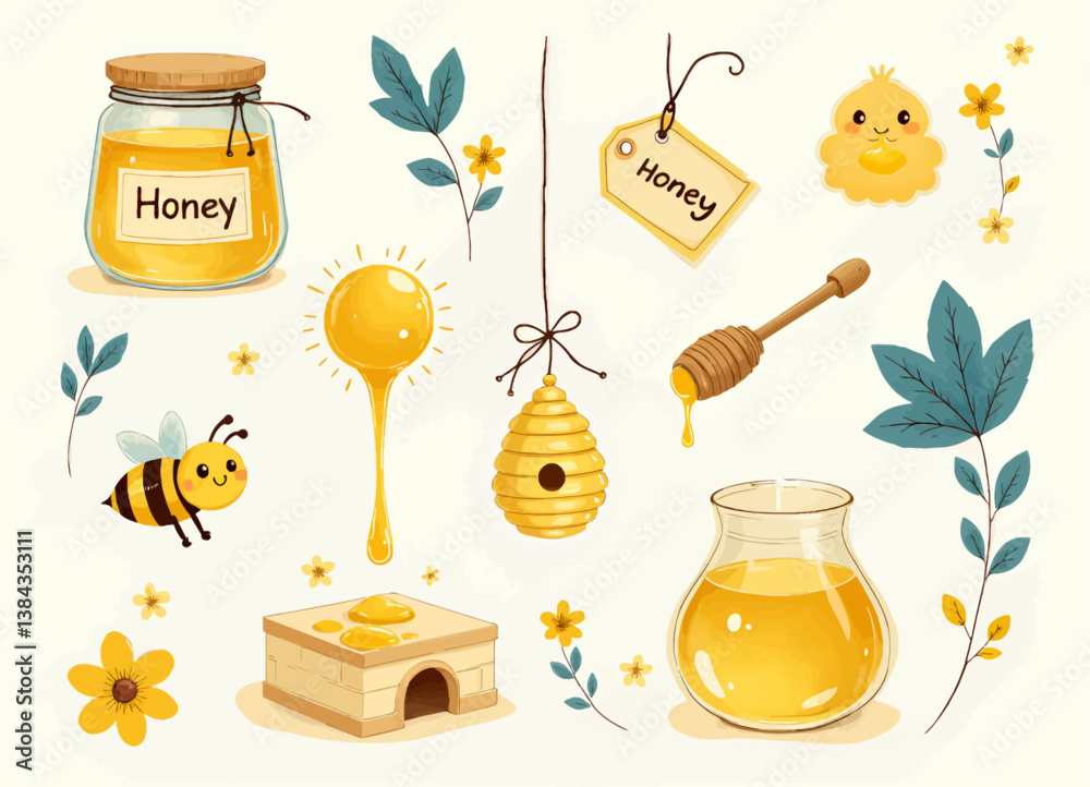 Honey themed cartoon illustration with bee and honey dipper