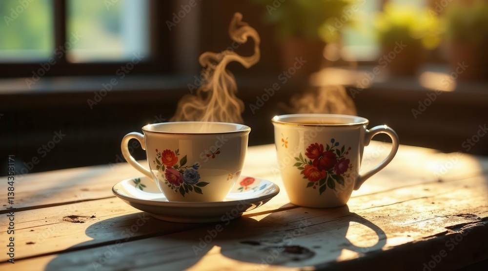 Fototapeta premium Warm Morning Light Illuminates Two Steaming Cups of Tea on Rustic Wooden Table