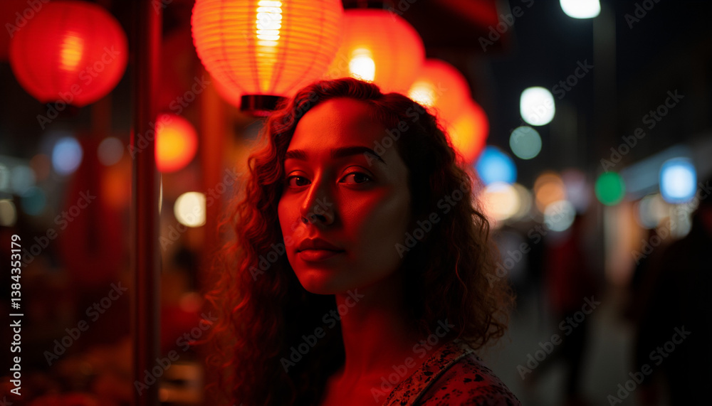 Young woman reflecting under red lanterns at night Young woman reflecting under red lanterns at night
