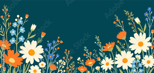 Floral Border with Daisies, Forget-Me-Nots, and Teal Background