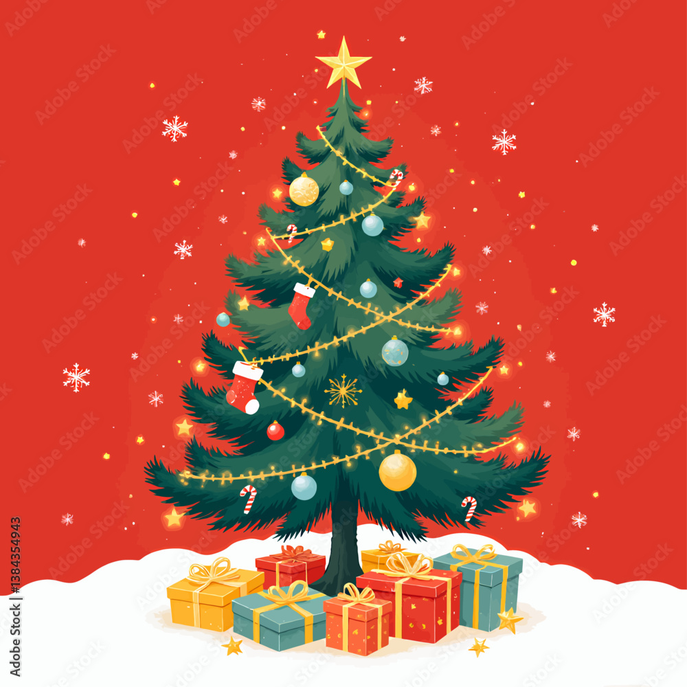 Festive Christmas Tree with Gifts on Red Background