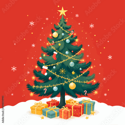 Obraz na płótnie Festive Christmas Tree with Gifts on Red Background w salonie