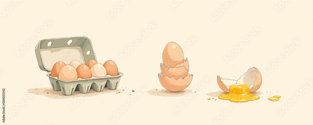 Eggs in Carton, Stacked Shells, and Broken Egg Yolk Illustration