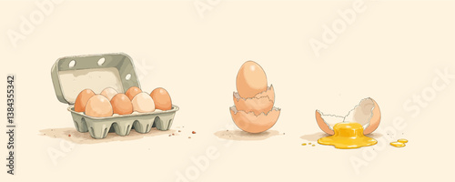 Obraz na płótnie Eggs in Carton, Stacked Shells, and Broken Egg Yolk Illustration w salonie