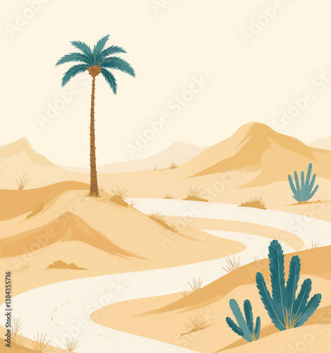 Desert Landscape with Palm Tree and Turquoise Plants