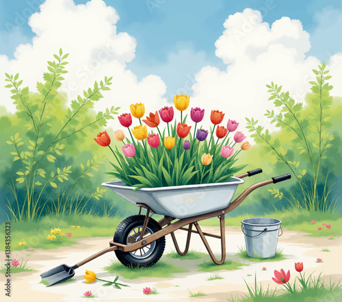 Colorful tulips in wheelbarrow with shovel and bucket outdoors