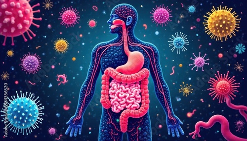 Colorful illustration of gut microbiome with beneficial and pathogenic microbes, harm, benefits