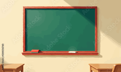 Classroom with Green Chalkboard, Desks, and Chalk