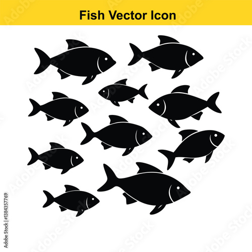 Black beautiful fish Silhouettes isolated on white background Vector illustration.