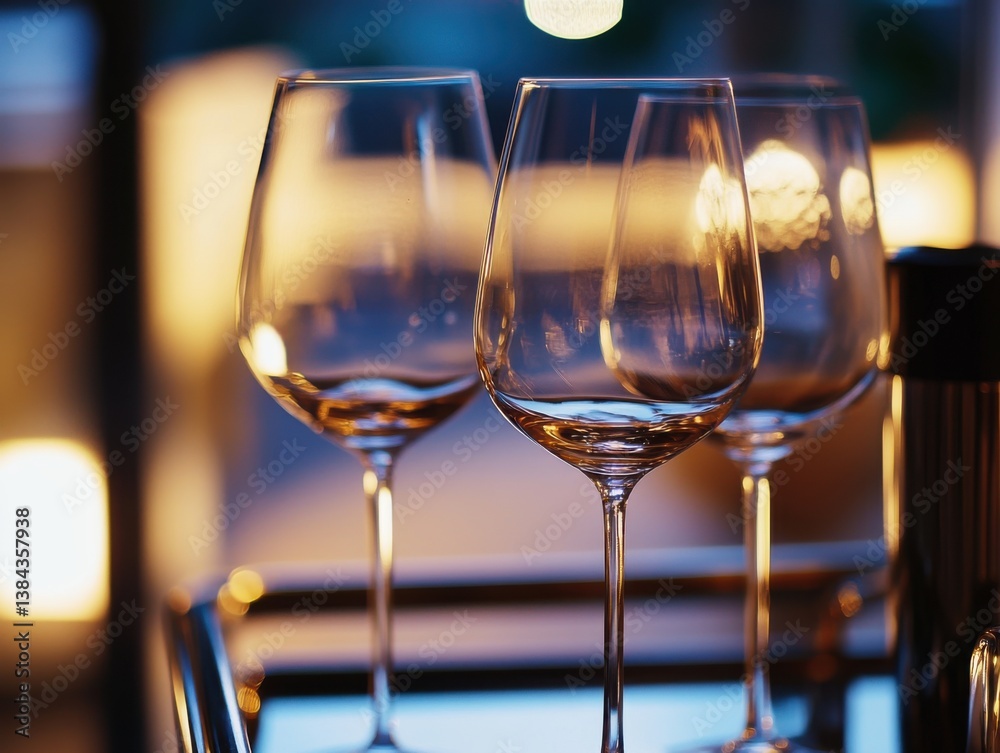 Obraz premium Wine glasses on a bar cart with an evening ambiance and negative space on right