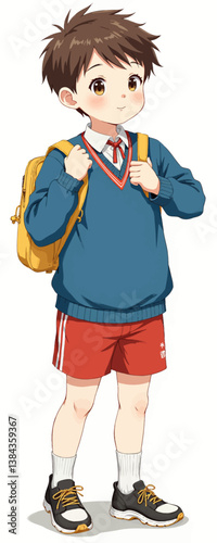 Anime Schoolboy with Backpack and Red Shorts