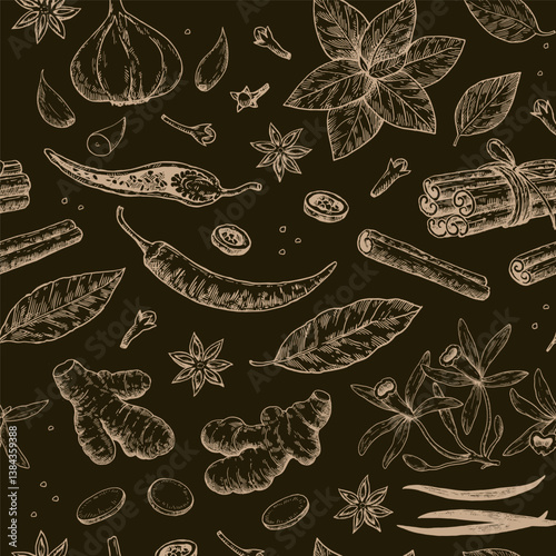 Seamless pattern with spices and aromatic plants. Hand-drawn detailed vector illustration in sketch ink style.
