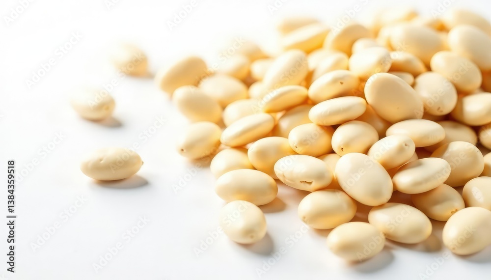 Scattered dried white beans on white background, minimalist, background, culinary Scattered dried white beans on white background, minimalist, background, culinary