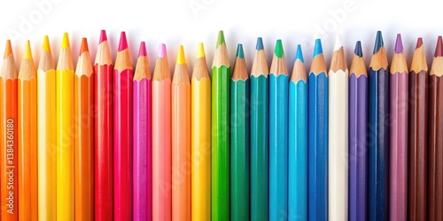 Colorful Pencils Night Photography, Row of Colored Pencils, White Background, Art Supplies, Night Shot, Closeup