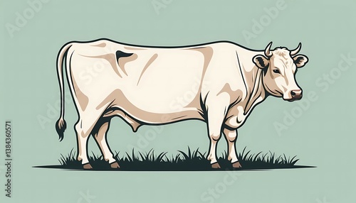Isolated White Cow Standing on Grass Illustration for Farm or Agriculture