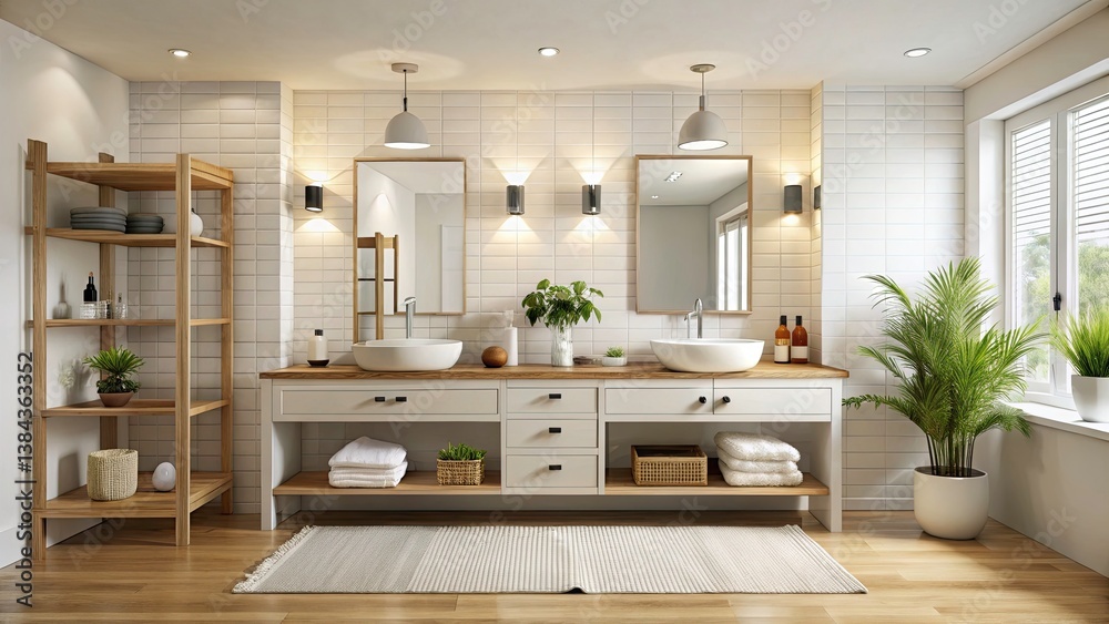 Fototapeta premium Panoramic Luxury Bathroom Wedding Prep: Double Sink, Decor, Towels, Mirrors, 3D Render