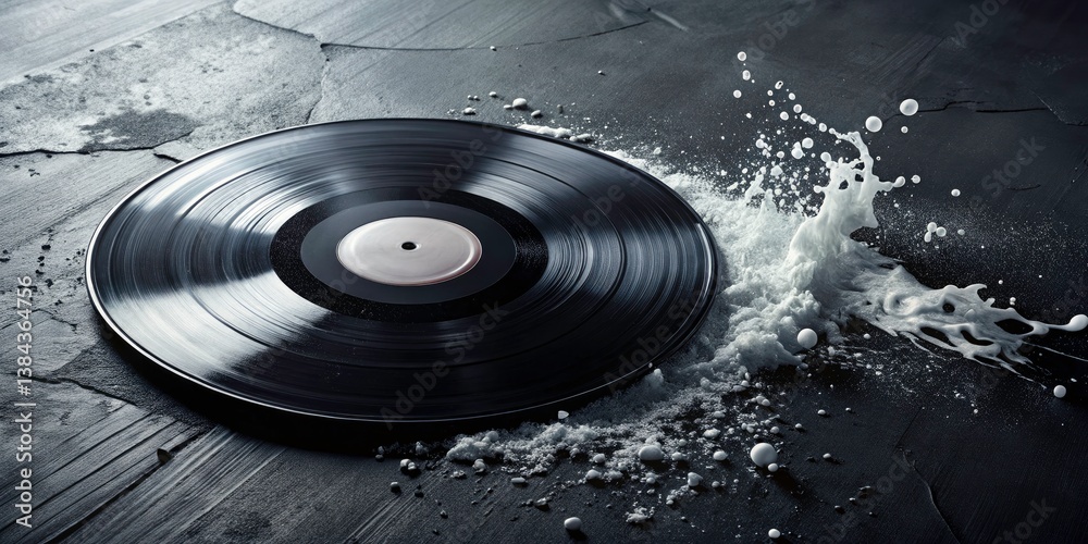 Obraz premium Surreal Black Vinyl Record Retro Music Photography: Abstract Paint Splatter Art