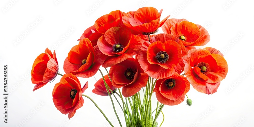 Obraz premium Surreal Red Poppy Bouquet, Dreamlike Flower Photography, Whimsical Poppy Blooms, White Background