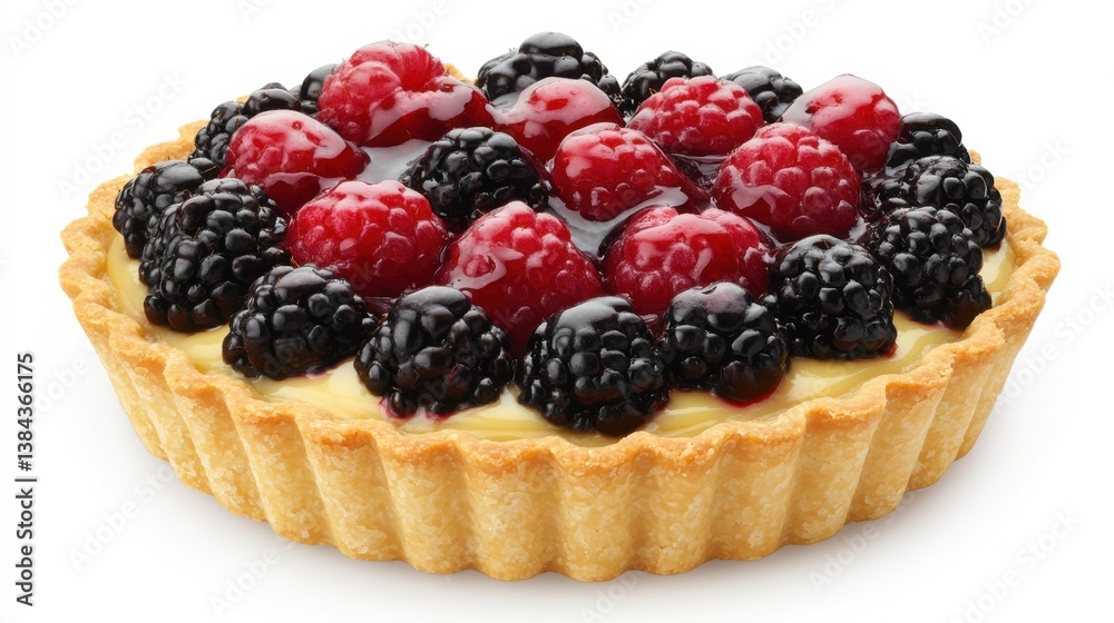 Delicious fruit tart with fresh raspberries and blackberries on creamy custard filling Delicious fruit tart with fresh raspberries and blackberries on creamy custard filling