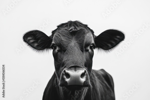 Black cow facing forward on white background suitable for animal and farming websites