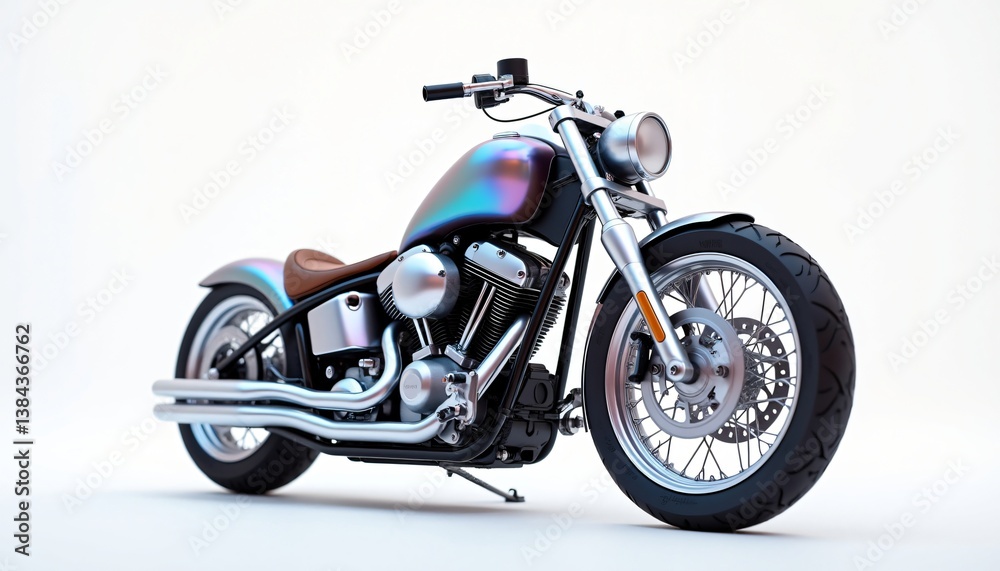 Stylish Chrome Motorcycle with Iridescent Paint Job Studio Shot A detailed view of a custom built chopper motorcycle Stylish Chrome Motorcycle with Iridescent Paint Job Studio Shot A detailed view of a custom built chopper motorcycle