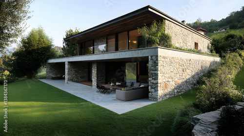 Contemporary stone house with a beautifully designed patio and lush green surroundings