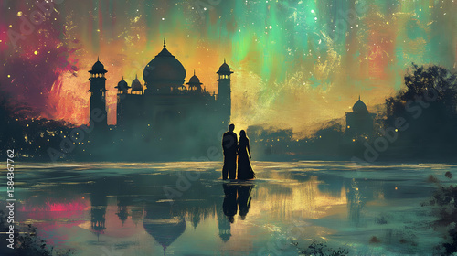 Couple silhouetted against the vibrant aurora borealis over a frozen lake