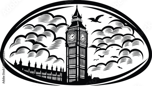 Houses of Parliament and Big Ben in London(UK Parliament) with Big Ben
 black and white Illustrator vector