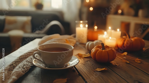 Cozy autumn home decor with a cup of tea, candles, and pumpkins on a wooden table