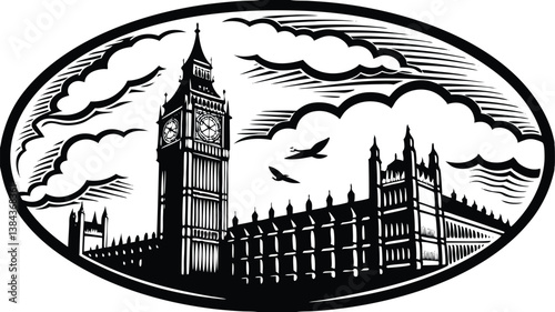 Palace of Westminster (UK Parliament) with Big Ben
 black and white Illustrator vector