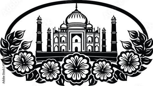 drawing of the Taj Mahal with floral border black and white Illustrator vector