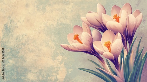 Beautiful watercolor illustration of several delicate white spring crocus flowers