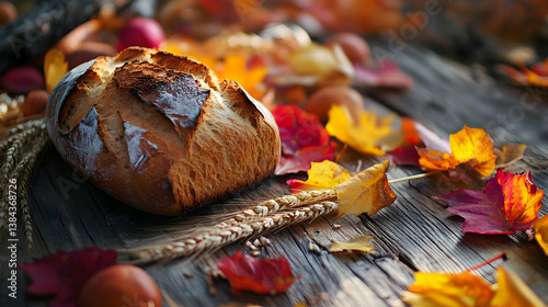 Cozy autumn still life with a loaf of bread, wheat bundle, and vibrant autumn leaves scattered on a wooden surface