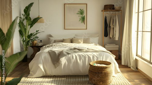 Cozy bedroom with a laundry basket and modern decor for a homey feel