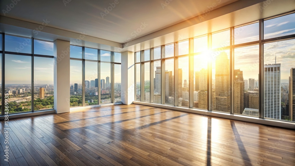 Fototapeta premium Vintage Sunlit Cityscape Panoramic Window Real Estate Interior Design Photography