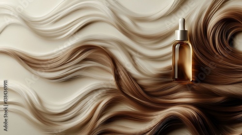 Luxurious haircare essence with nourishing oil on a bed of flowing tresses