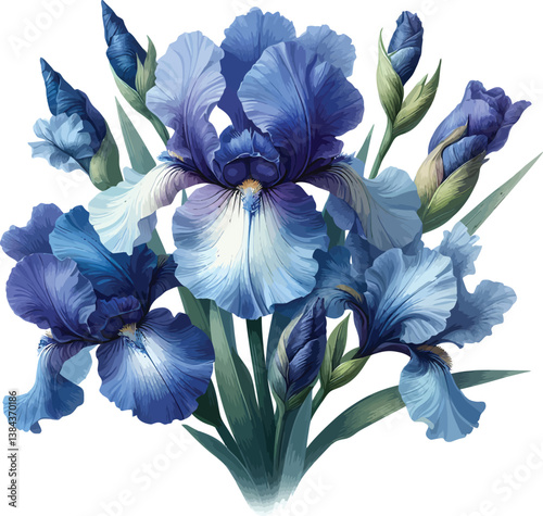 watercolor blue iris flower bouquet vector illustration isolated background
