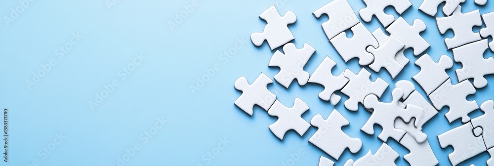 Obraz premium Scattered white puzzle pieces on a light blue surface