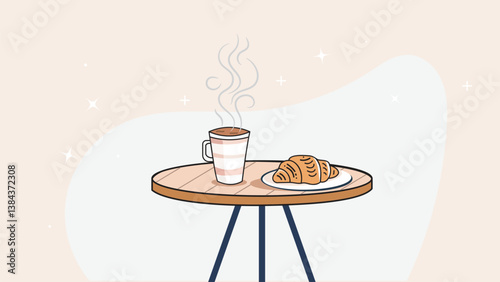 Cafe Table with Coffee and Croissant, Cozy Breakfast with Coffee and Croissant