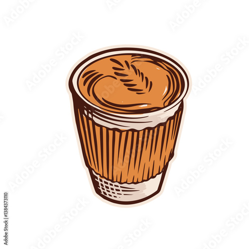 Coffee Latte at Cup Hand-Drawn Vintage Stickers for Coffee Brewing Enthusiasts