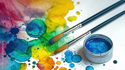 Colorful watercolor paint splatters with paintbrushes and jar.