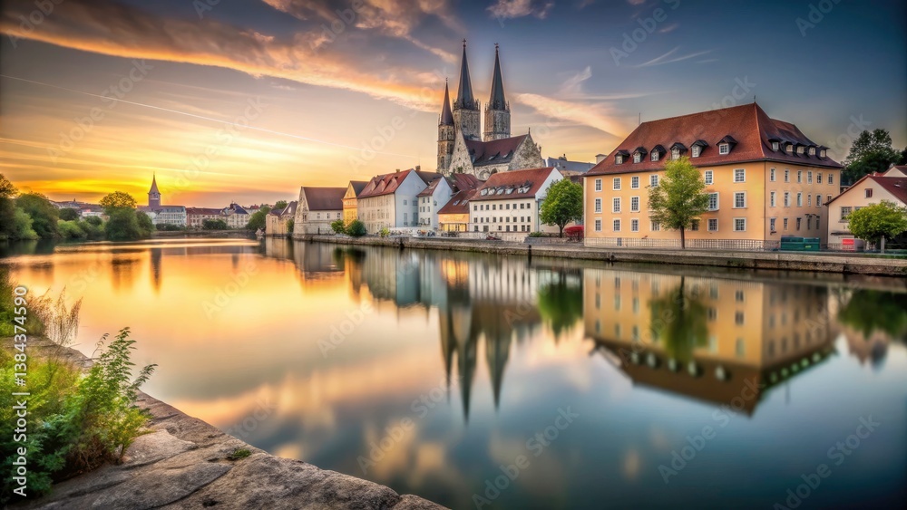 Fototapeta premium Minimalist Regensburg View: Serene Riverbanks, Historic Architecture, and Tranquil Skies in a Simple Yet Elegant Composition for Stunning Visuals