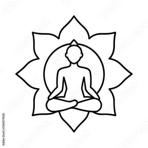 Line Art Outline of Meditating Yogi in Lotus Pose with Aura - Spiritual Vector Art.eps