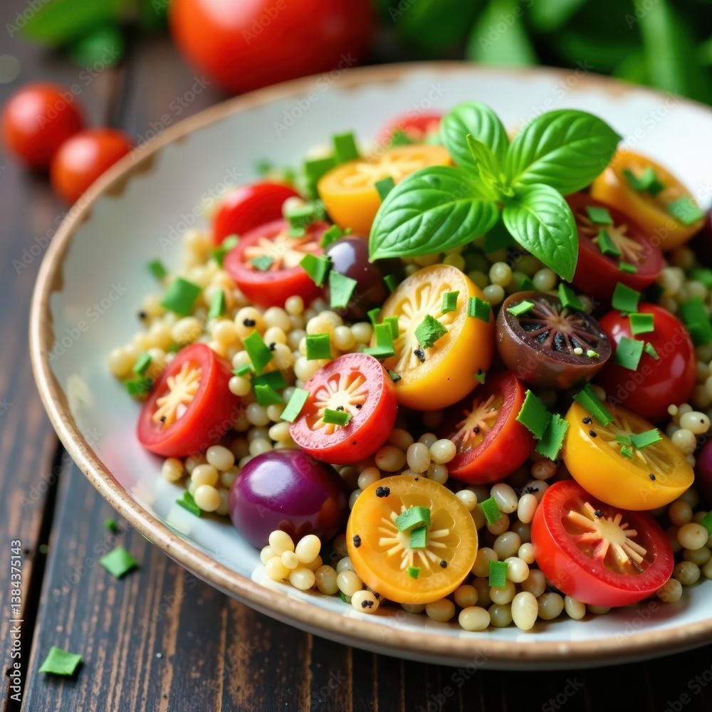 Colorful quinoa bowl topped with roasted vegetables and fresh herbs, whole grain, quinoa Colorful quinoa bowl topped with roasted vegetables and fresh herbs, whole grain, quinoa