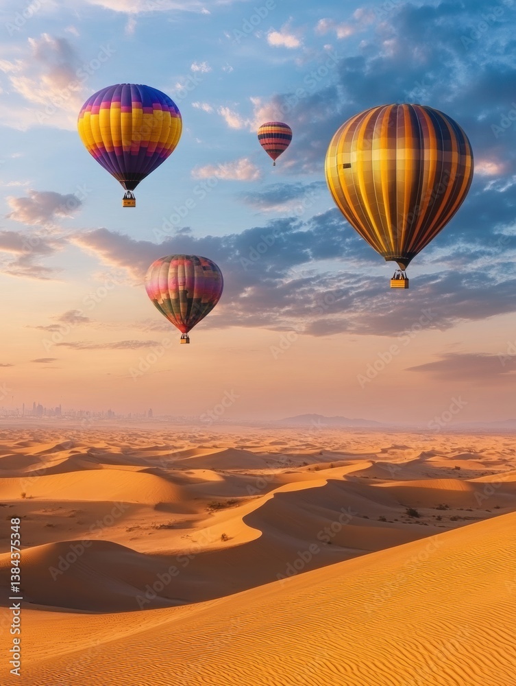 Naklejka premium Colorful hot air balloons drift over golden desert dunes at sunrise creating a stunning visual display