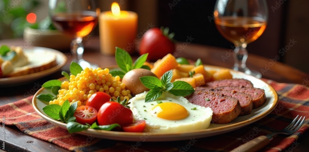 Colorful Seder plate with festive foods and wine glasses, Seder, Decorations Colorful Seder plate with festive foods and wine glasses, Seder, Decorations