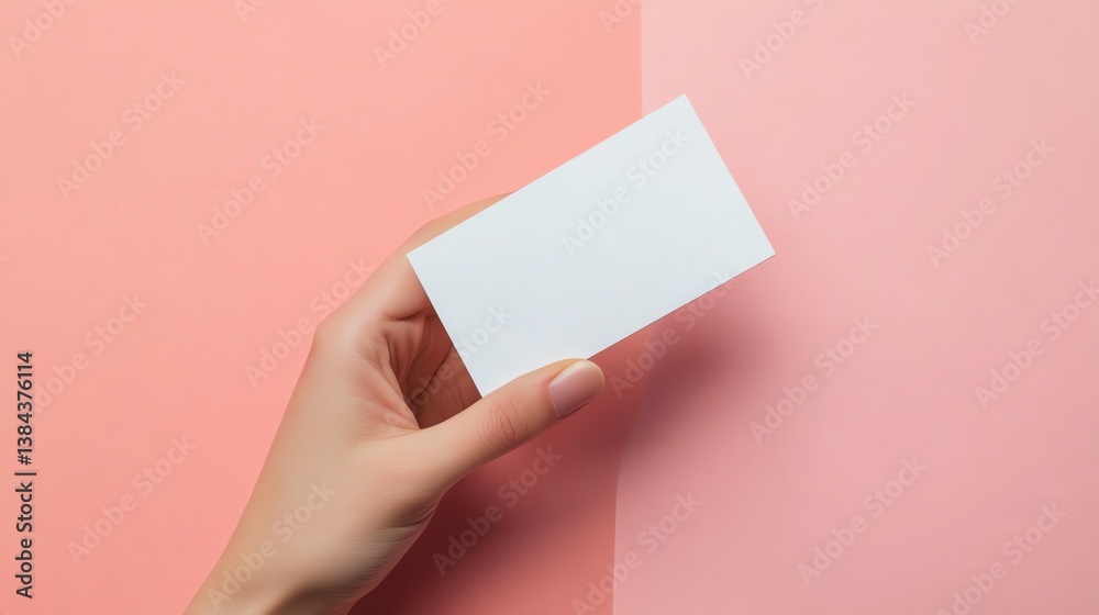 Obraz premium Hand Holding a Blank Card Against a Split Color Background Featuring Soft Pink Hues