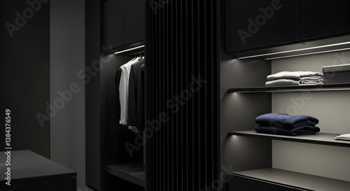 Elegant Walk-In Closet With Stylish Vertical Storage And Subtle Lighting photo