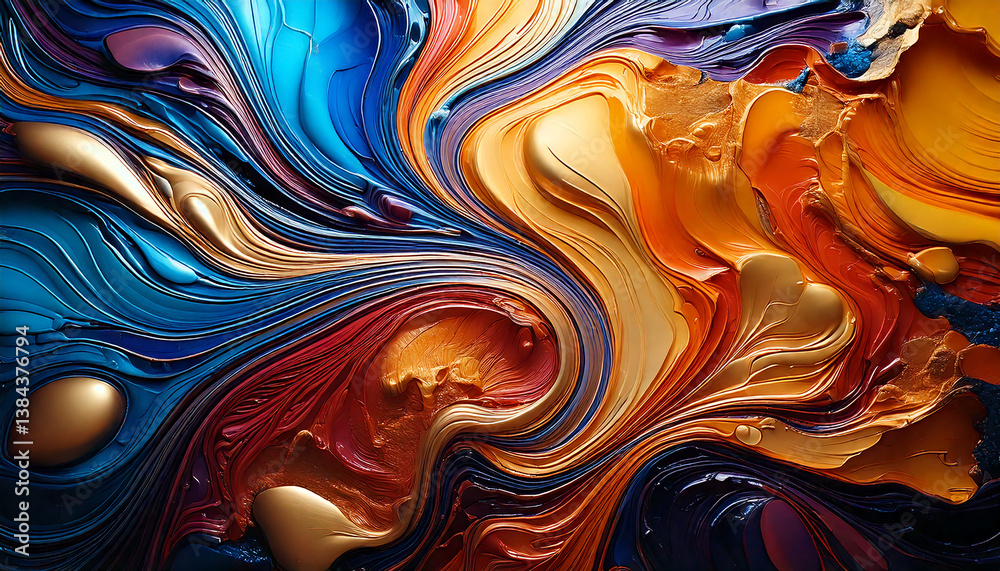 Fototapeta premium 유체 아트 패턴과 메탈릭 텍스처가 조화를 이루는 추상적 배경, 생생한 색상(Abstract background with fluid art patterns and metallic textures, vivid colors)